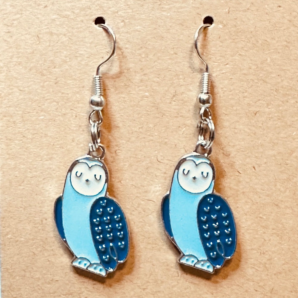 Handmade Blue Owl Earrings Enamel Stainless Steel Dangle Bird Animal Jewelry